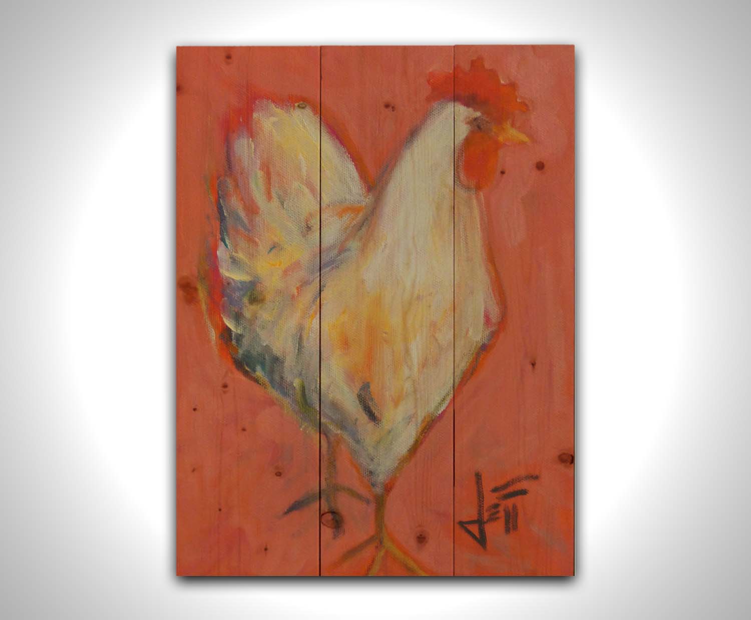 A painting of a white rooster with a bright red comb, accented with warm tones and set against a paler red background. Printed on a wood pallet.