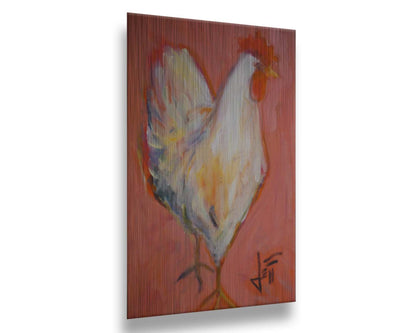 A painting of a white rooster with a bright red comb, accented with warm tones and set against a paler red background. Printed on metal.