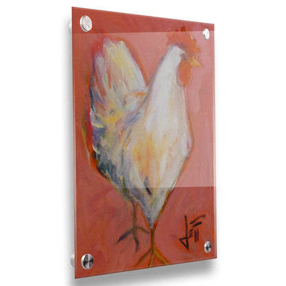 A painting of a white rooster with a bright red comb, accented with warm tones and set against a paler red background. Printed on acrylic.