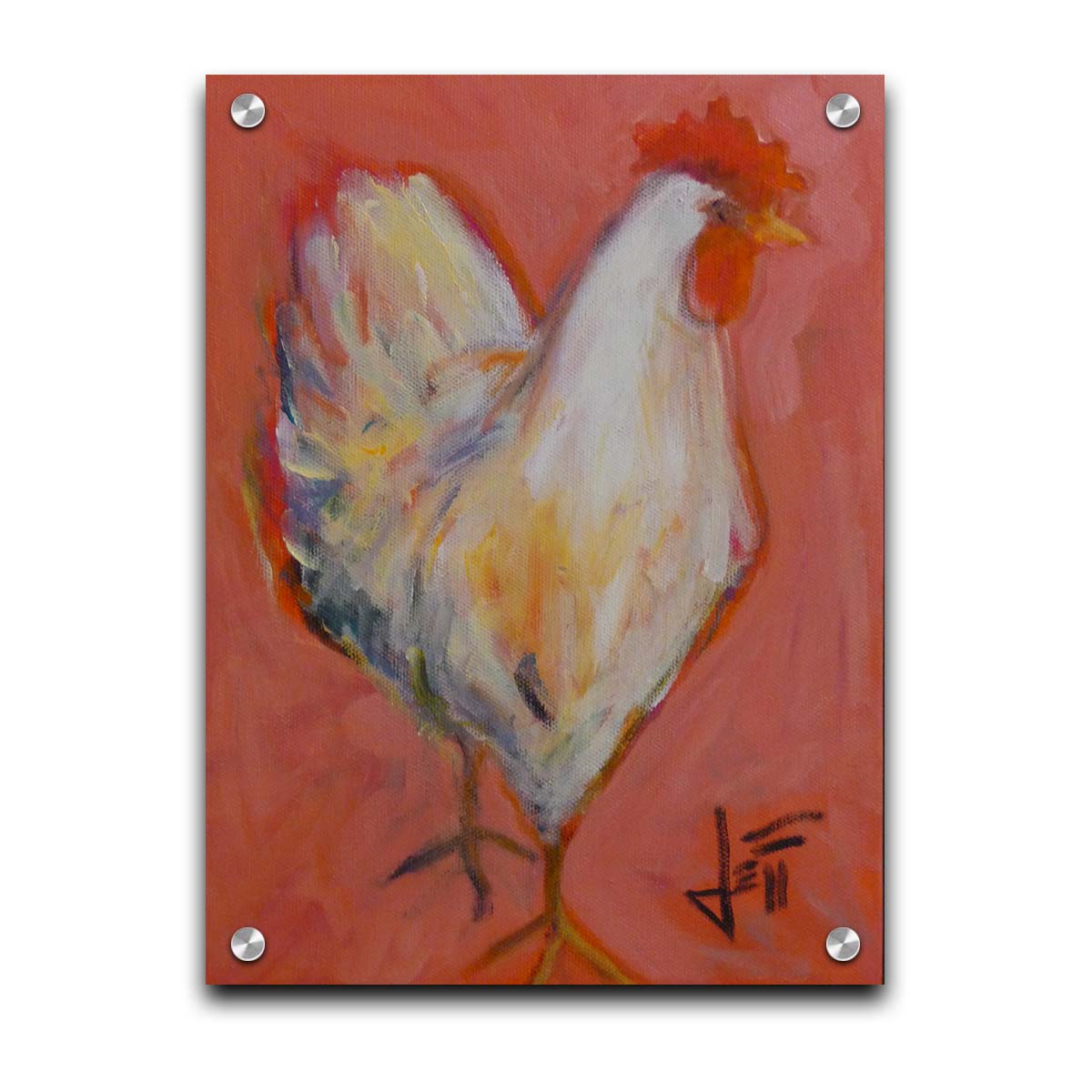 A painting of a white rooster with a bright red comb, accented with warm tones and set against a paler red background. Printed on acrylic.