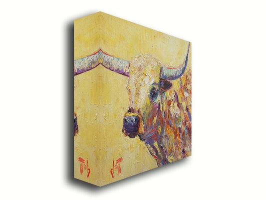 A portrait painting of a brown bull, featuring a unique fur design with bold accent hues in an expressive impasto and set against a pale yellow background. Printed on canvas.