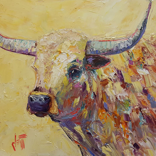 A portrait painting of a brown bull, featuring a unique fur design with bold accent hues in an expressive impasto and set against a pale yellow background.