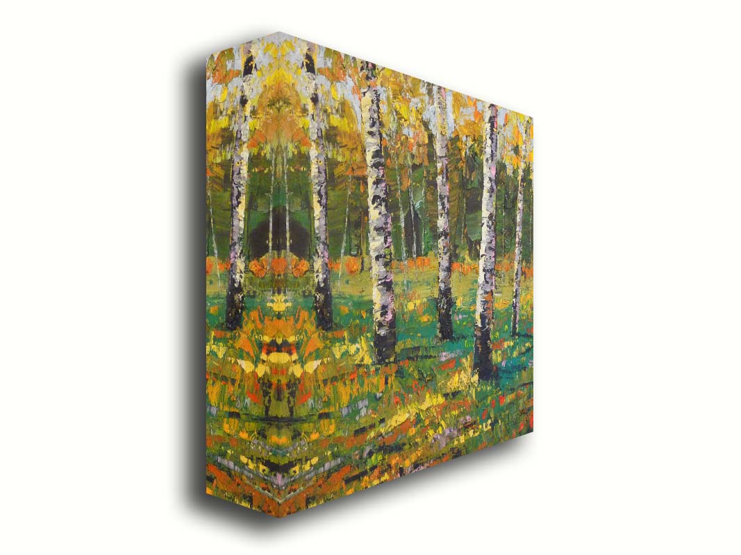 An expressive impasto landscape painting of a birch forest, with bold yellow leaves growing from the white wood. Printed on canvas.