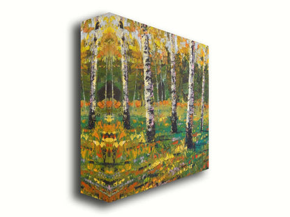 An expressive impasto landscape painting of a birch forest, with bold yellow leaves growing from the white wood. Printed on canvas.