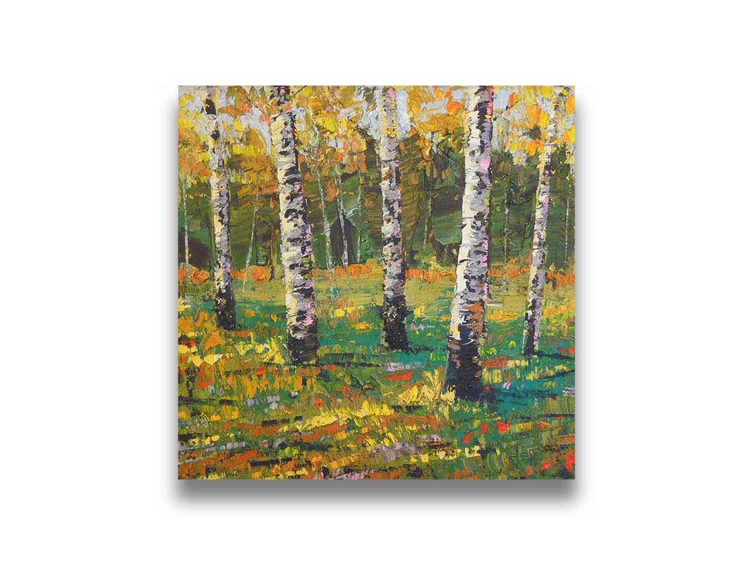 An expressive impasto landscape painting of a birch forest, with bold yellow leaves growing from the white wood. Printed on canvas.