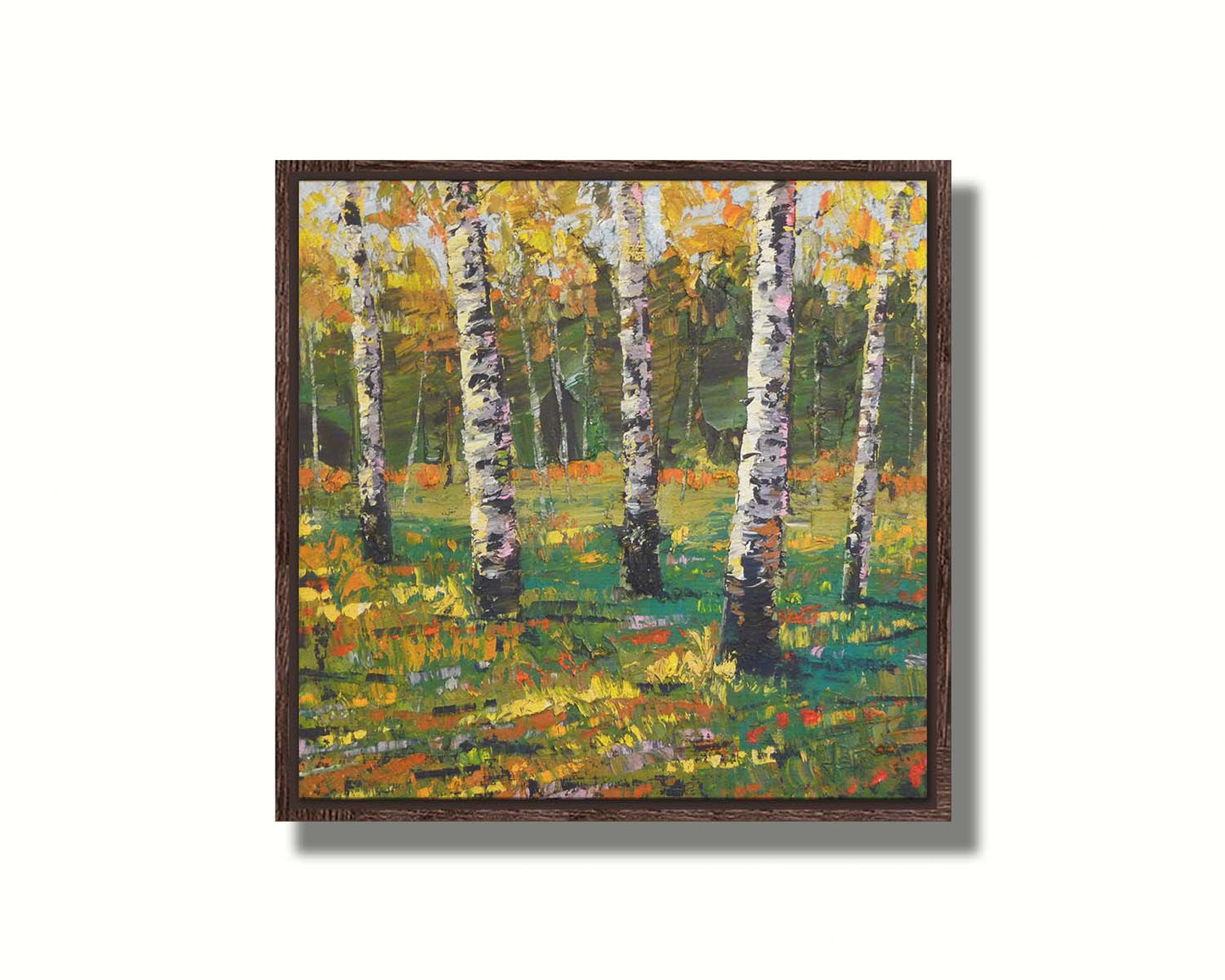 An expressive impasto landscape painting of a birch forest, with bold yellow leaves growing from the white wood. Printed on canvas in a float frame.