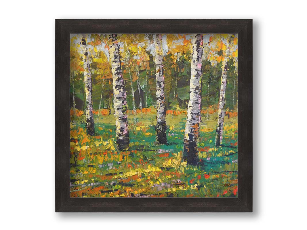 An expressive impasto landscape painting of a birch forest, with bold yellow leaves growing from the white wood. Printed on canvas and frame.