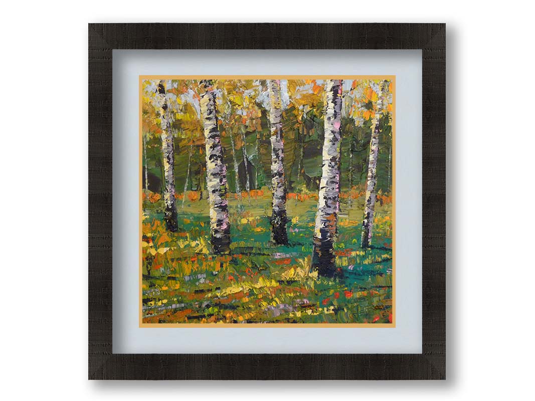 An expressive impasto landscape painting of a birch forest, with bold yellow leaves growing from the white wood. Printed on paper, matted, and framed.