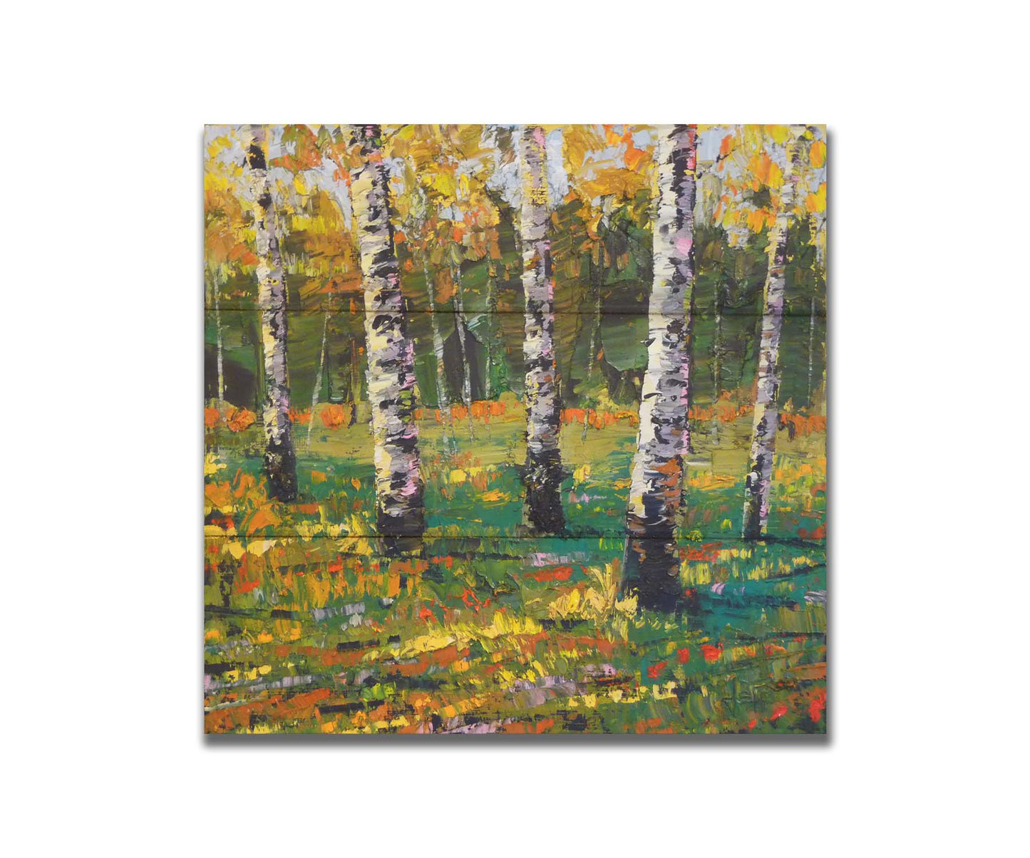 An expressive impasto landscape painting of a birch forest, with bold yellow leaves growing from the white wood. Printed on a box board.