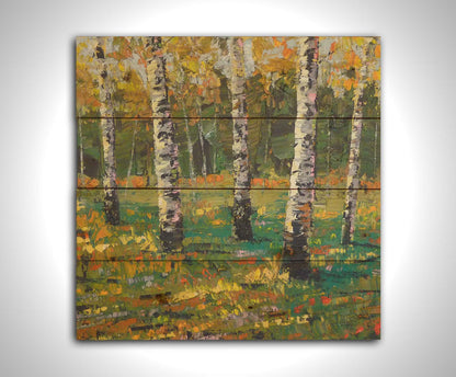 An expressive impasto landscape painting of a birch forest, with bold yellow leaves growing from the white wood. Printed on a wood pallet.