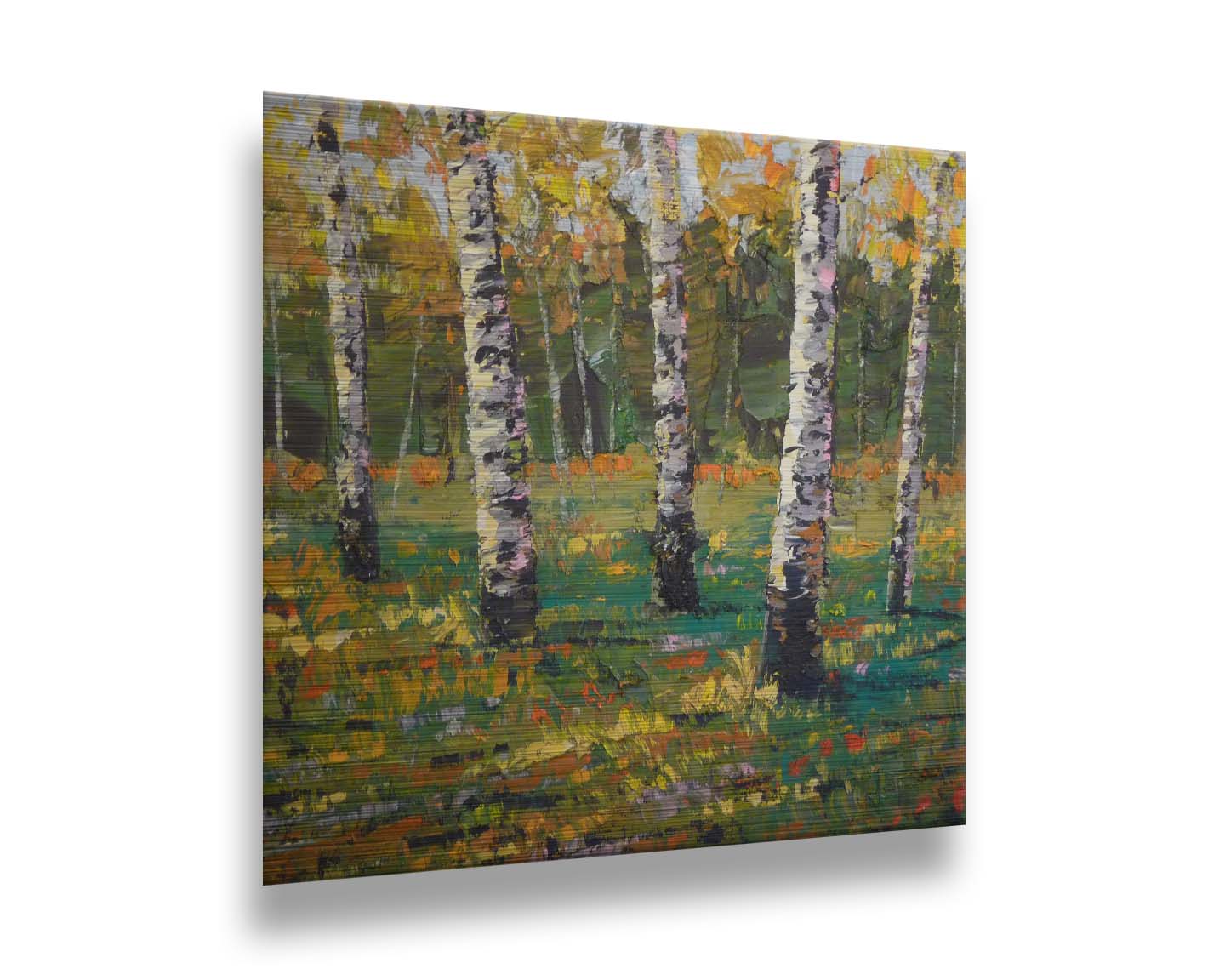 An expressive impasto landscape painting of a birch forest, with bold yellow leaves growing from the white wood. Printed on metal.