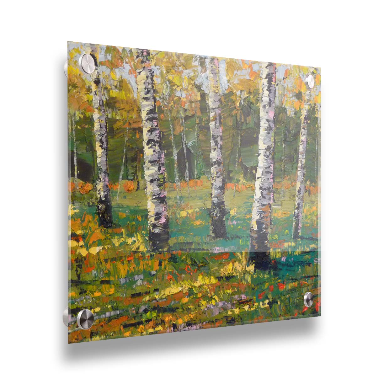 An expressive impasto landscape painting of a birch forest, with bold yellow leaves growing from the white wood. Printed on acrylic.