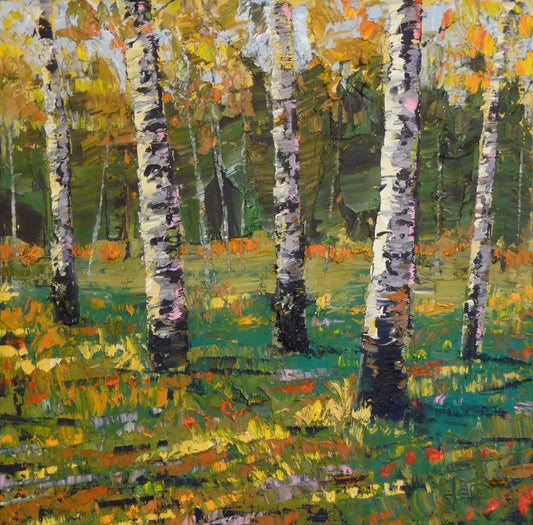 An expressive impasto landscape painting of a birch forest, with bold yellow leaves growing from the white wood.