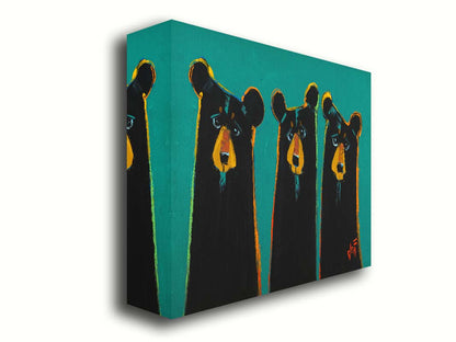 A painting of three black bears in a simplified style focused on form. They are outlined in vibrant accent colors, set against a teal background. Printed on canvas.