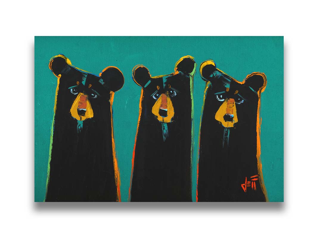 A painting of three black bears in a simplified style focused on form. They are outlined in vibrant accent colors, set against a teal background. Printed on canvas.