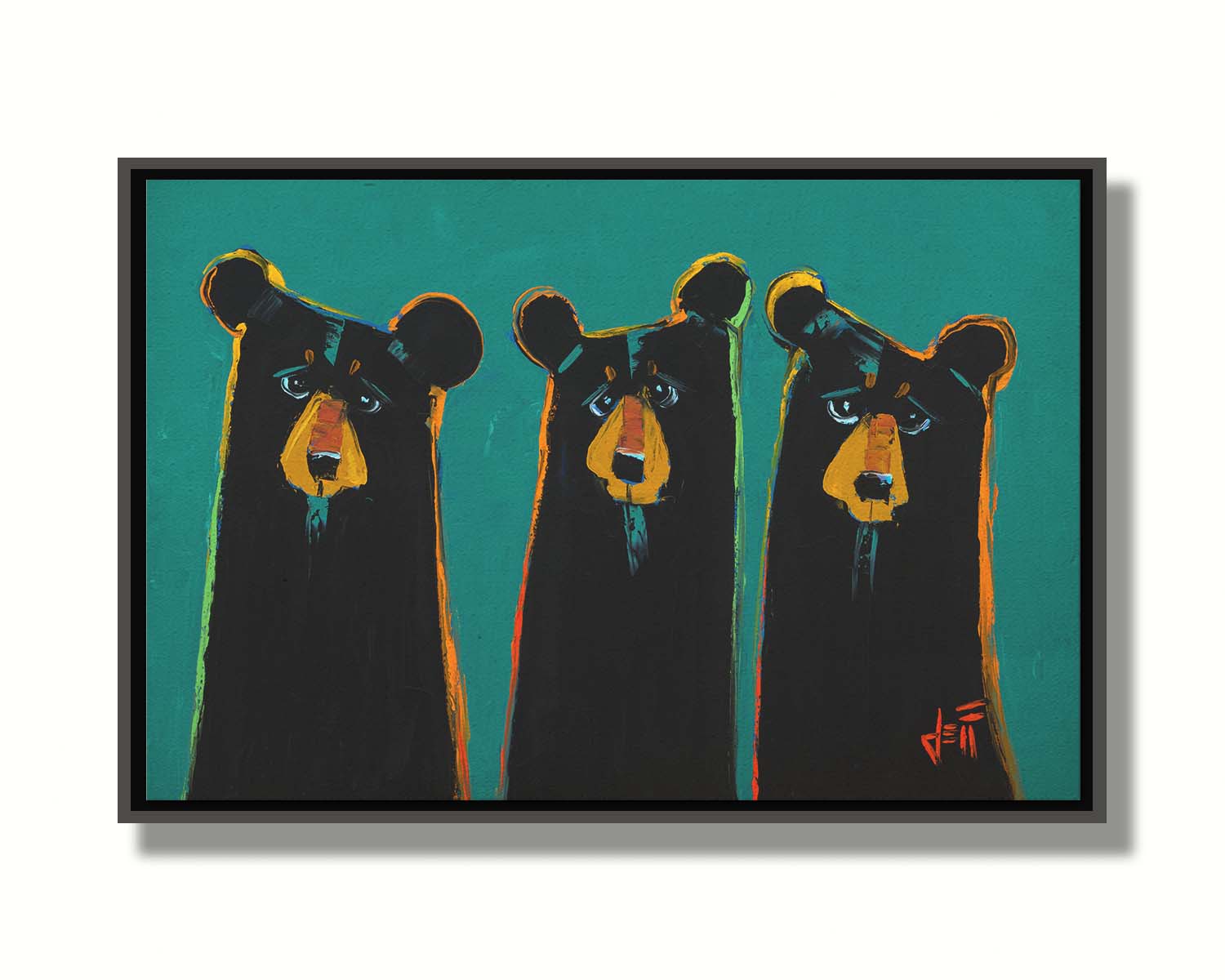 A painting of three black bears in a simplified style focused on form. They are outlined in vibrant accent colors, set against a teal background. Printed on canvas in a float frame.