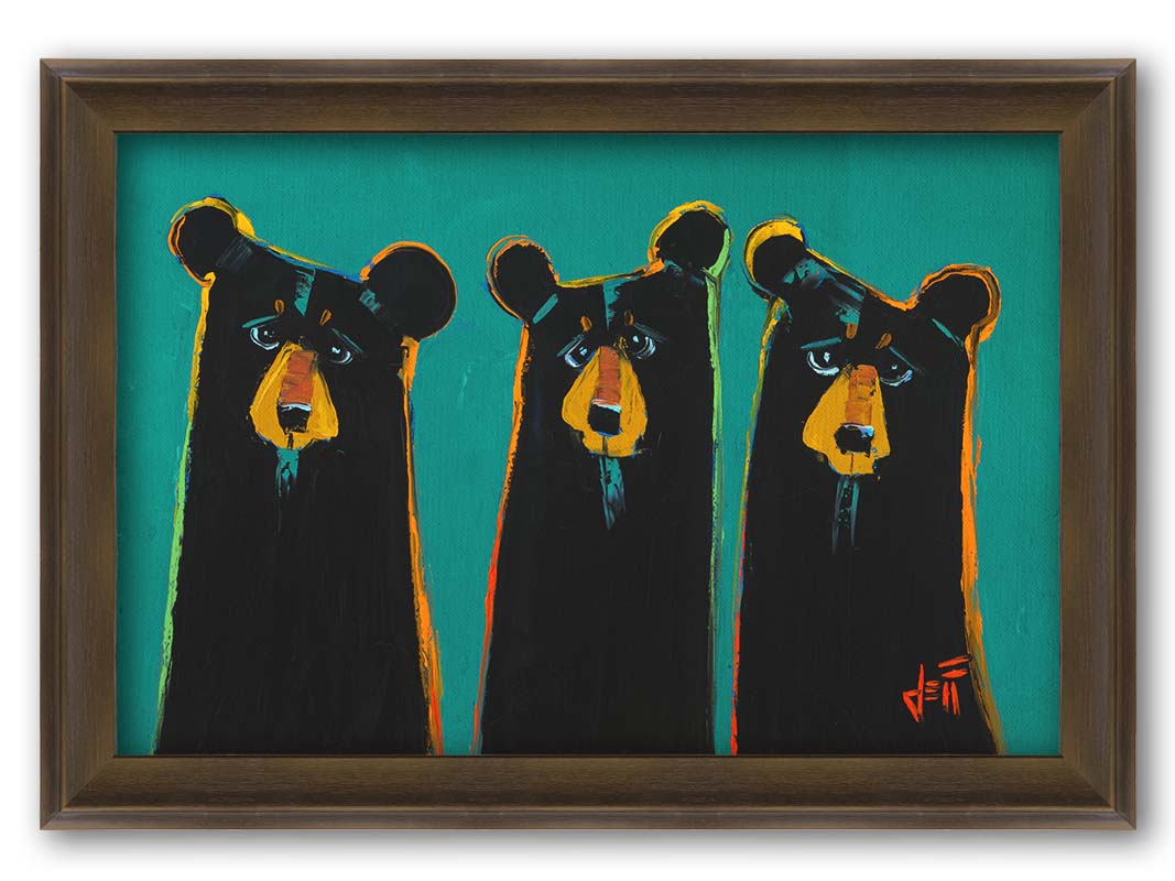 A painting of three black bears in a simplified style focused on form. They are outlined in vibrant accent colors, set against a teal background. Printed on canvas and framed.