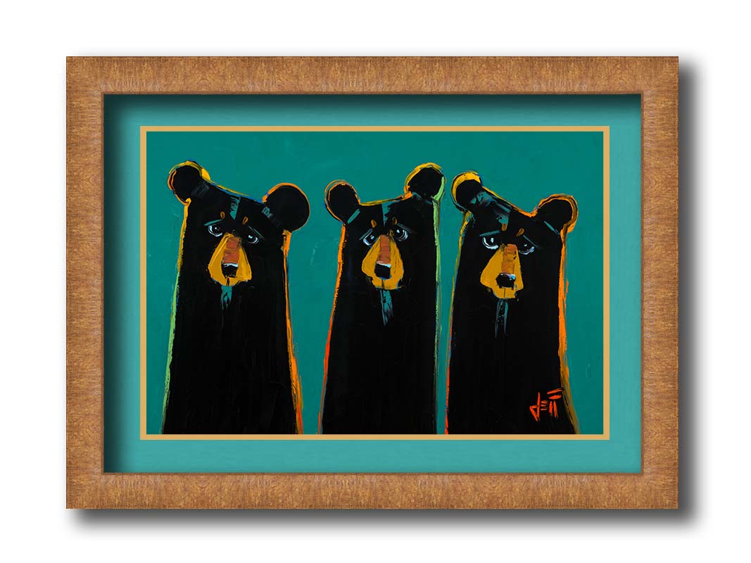 A painting of three black bears in a simplified style focused on form. They are outlined in vibrant accent colors, set against a teal background. Printed on paper, matted, and framed.