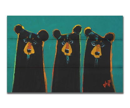 A painting of three black bears in a simplified style focused on form. They are outlined in vibrant accent colors, set against a teal background. Printed on a box board.