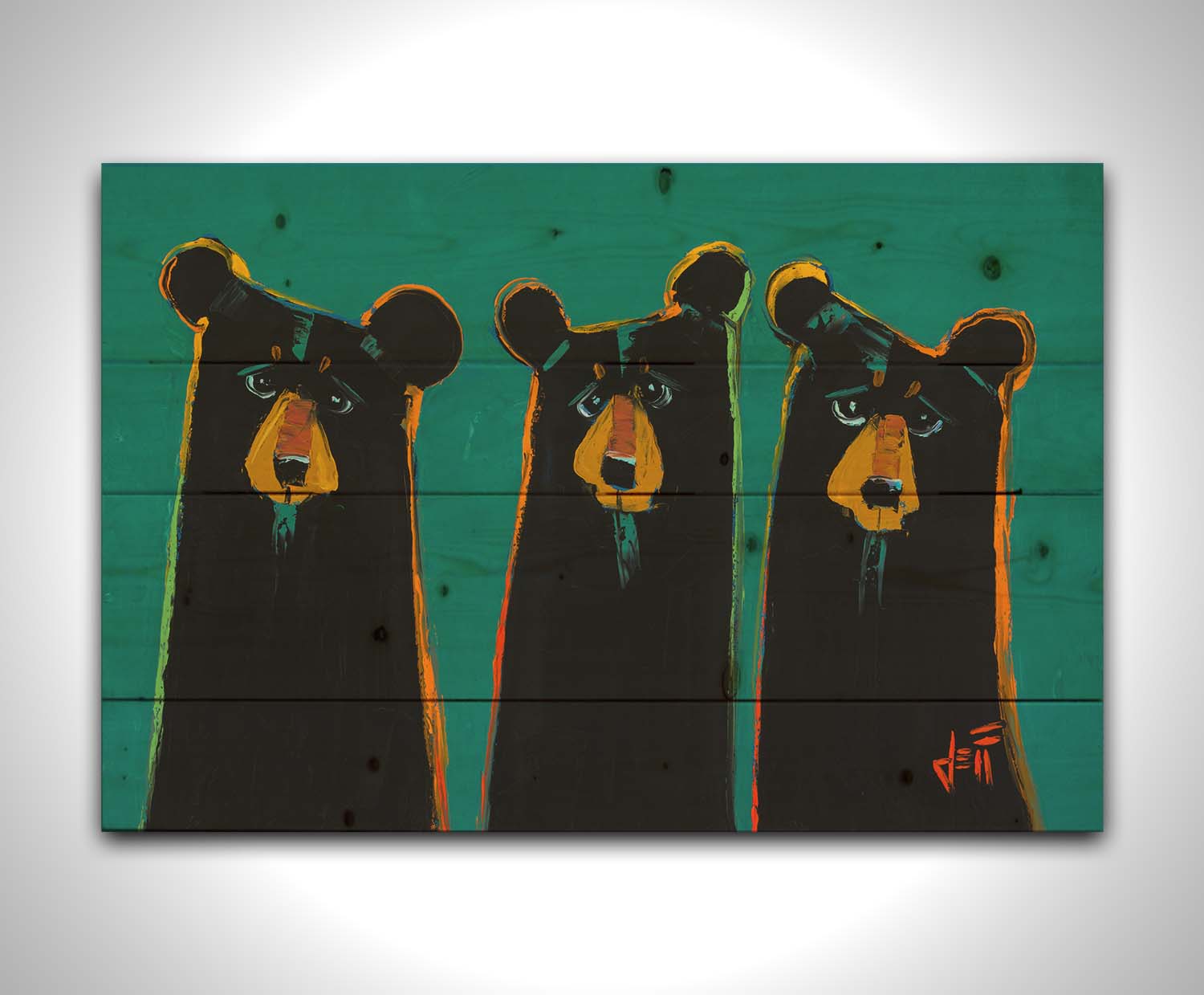 A painting of three black bears in a simplified style focused on form. They are outlined in vibrant accent colors, set against a teal background. Printed on a wood pallet.