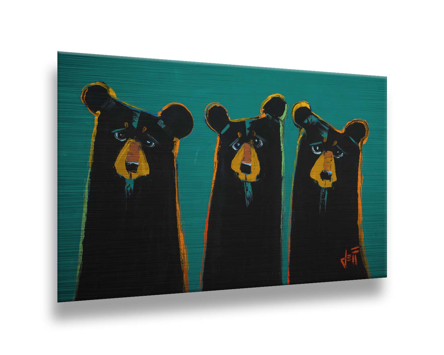 A painting of three black bears in a simplified style focused on form. They are outlined in vibrant accent colors, set against a teal background. Printed on metal.