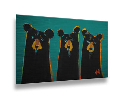 A painting of three black bears in a simplified style focused on form. They are outlined in vibrant accent colors, set against a teal background. Printed on metal.