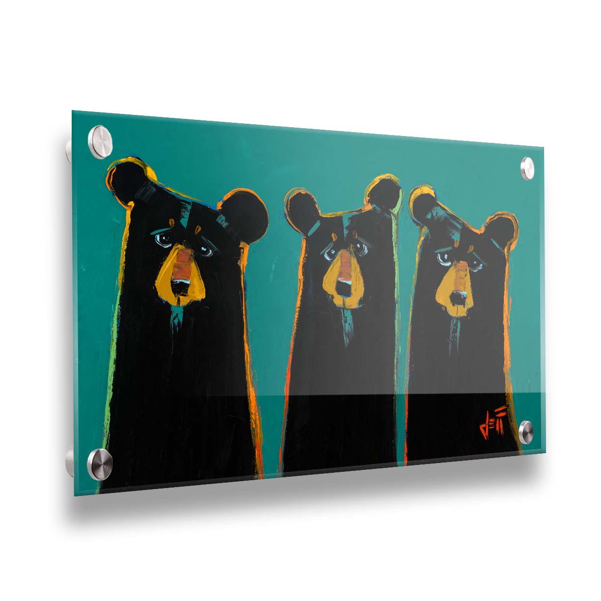 A painting of three black bears in a simplified style focused on form. They are outlined in vibrant accent colors, set against a teal background. Printed on acrylic.