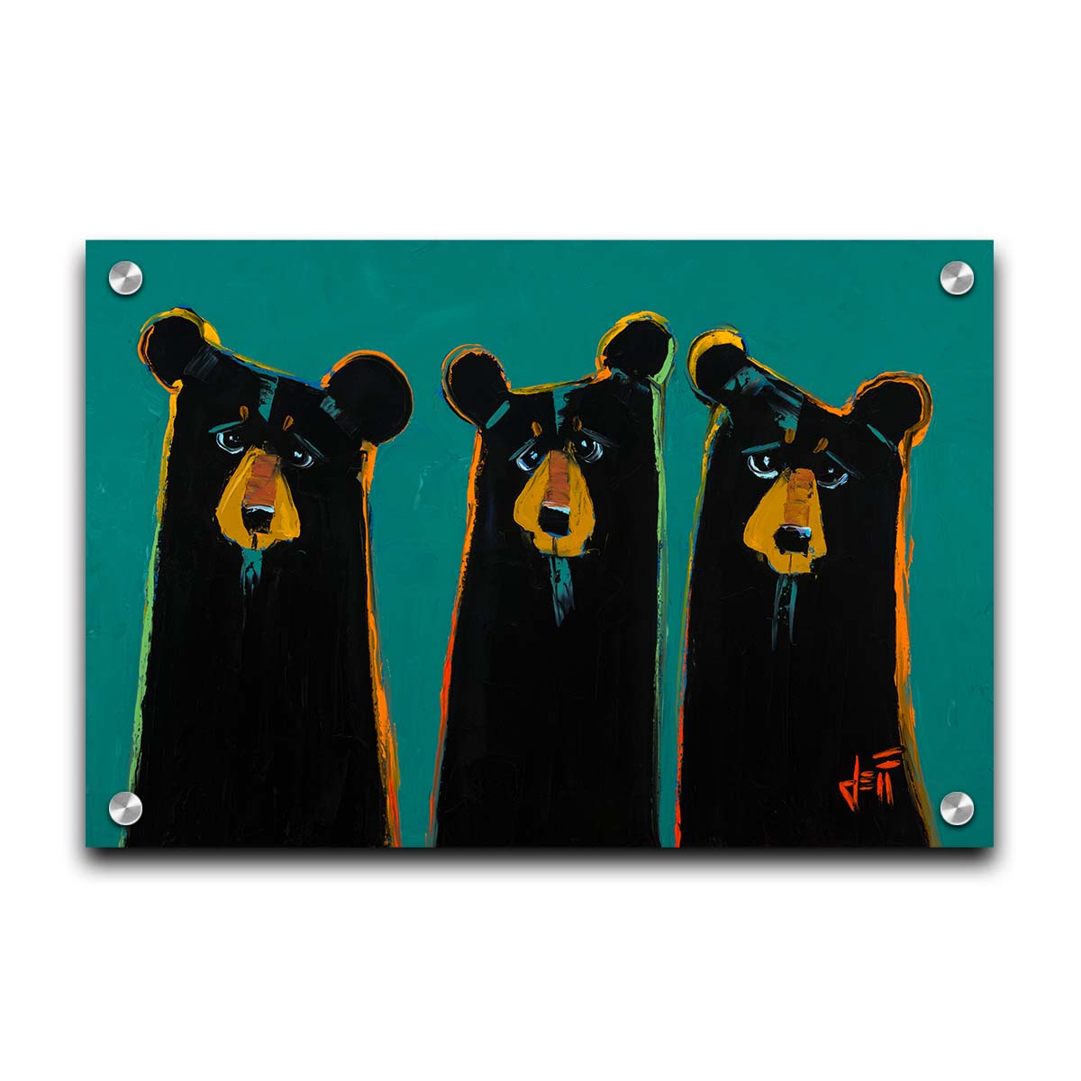 A painting of three black bears in a simplified style focused on form. They are outlined in vibrant accent colors, set against a teal background. Printed on acrylic.