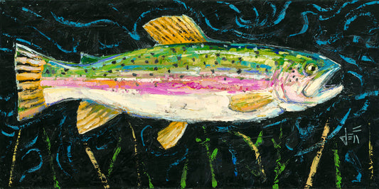 A portrait painting of a rainbow trout from a side view, with the suggestion of abstract lake surroundings through expressive brushwork. 