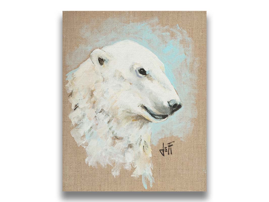 A portrait of a polar bear's head, backed with an ice blue accented, beige canvas background. Printed on canvas.