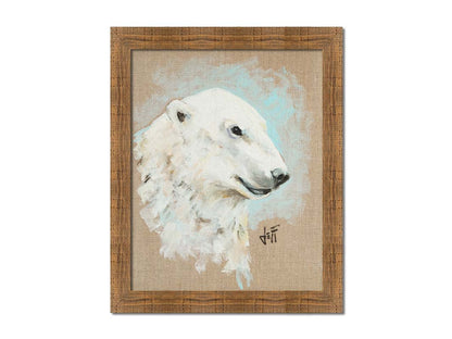 A portrait of a polar bear's head, backed with an ice blue accented, beige canvas background. Printed on canvas and framed.