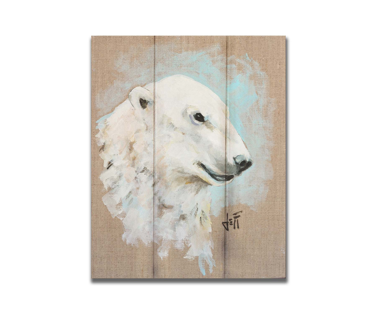 A portrait of a polar bear's head, backed with an ice blue accented, beige canvas background. Printed on a box board.