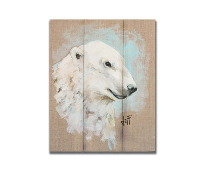 A portrait of a polar bear's head, backed with an ice blue accented, beige canvas background. Printed on a box board.