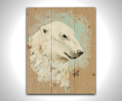 A portrait of a polar bear's head, backed with an ice blue accented, beige canvas background. Printed on a wood pallet.