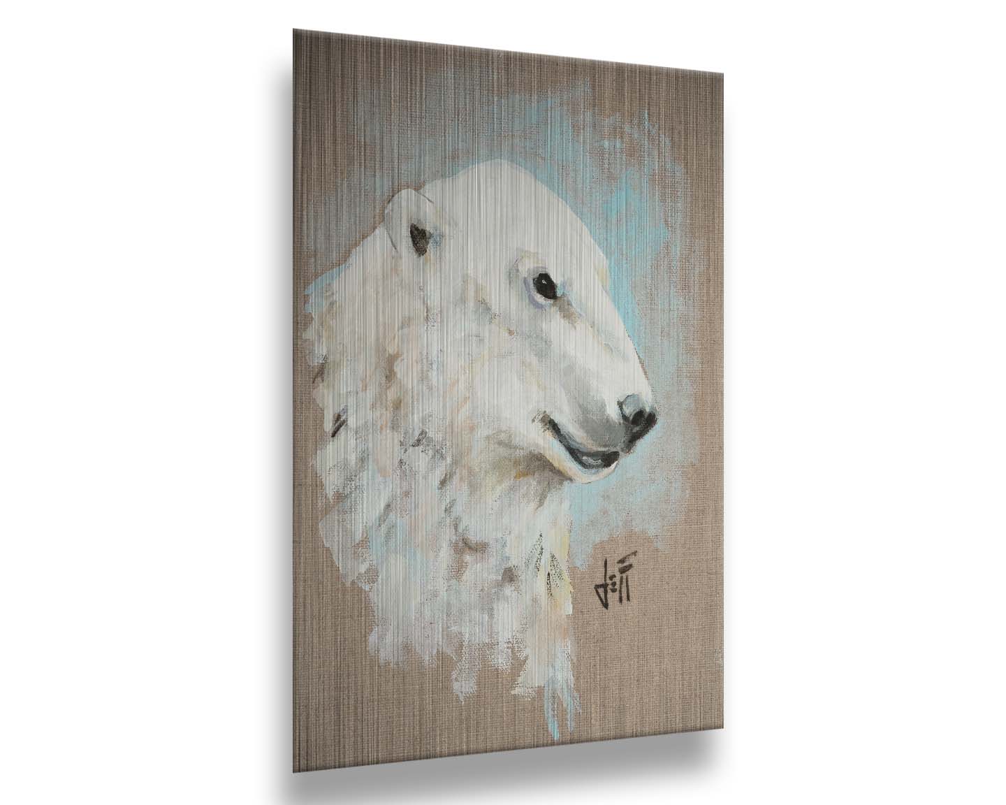 A portrait of a polar bear's head, backed with an ice blue accented, beige canvas background. Printed on metal.