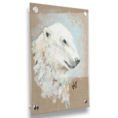 A portrait of a polar bear's head, backed with an ice blue accented, beige canvas background. Printed on acrylic.