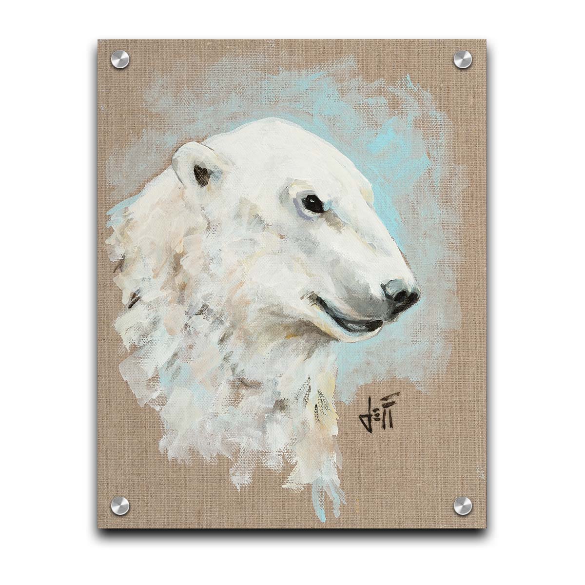 A portrait of a polar bear's head, backed with an ice blue accented, beige canvas background. Printed on acrylic.