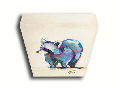 A painting of a colorful raccoon portrait, created with cool hues against a white background. Printed on canvas.