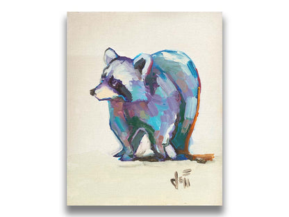 A painting of a colorful raccoon portrait, created with cool hues against a white background. Printed on canvas.