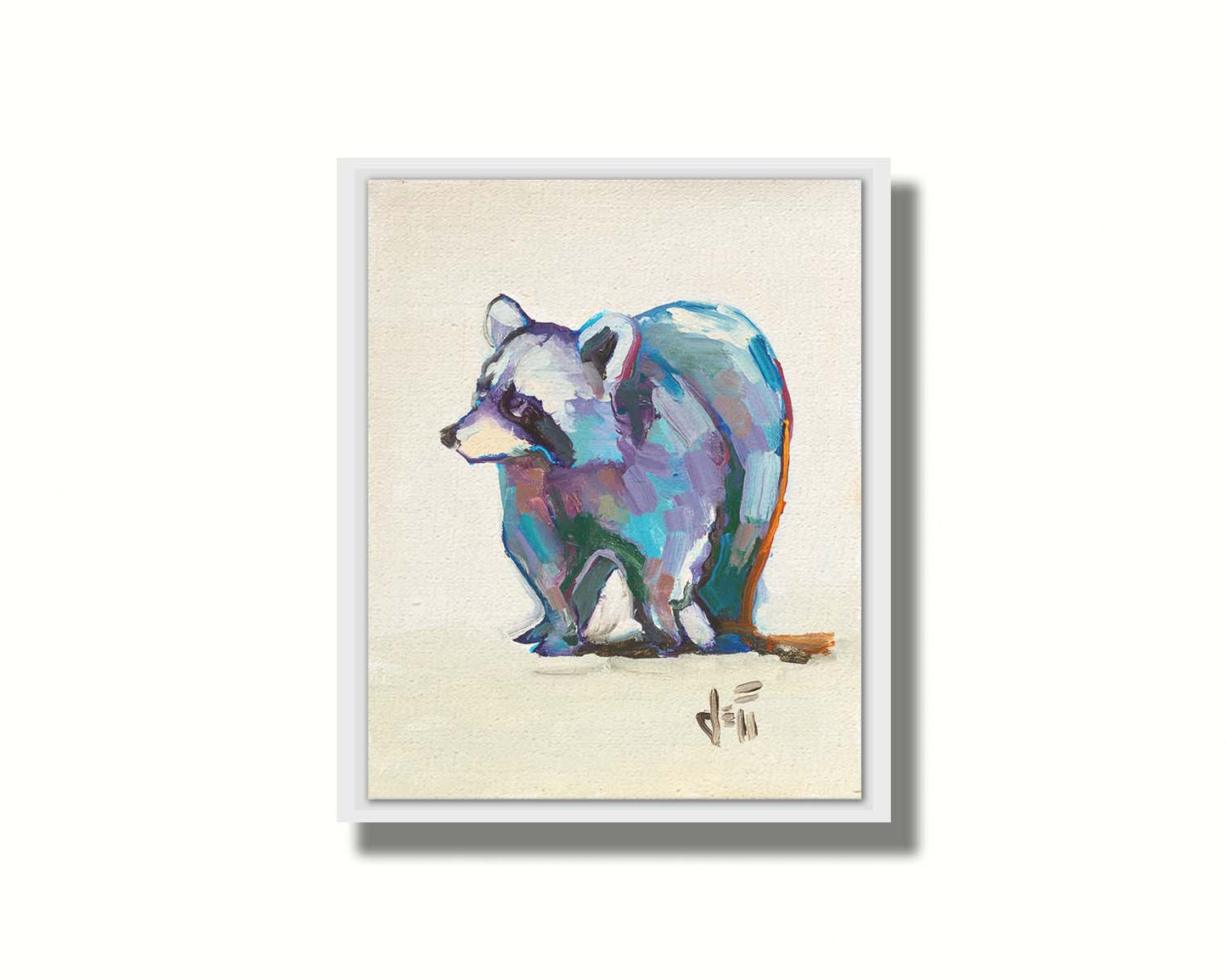 A painting of a colorful raccoon portrait, created with cool hues against a white background. Printed on canvas in a float frame.