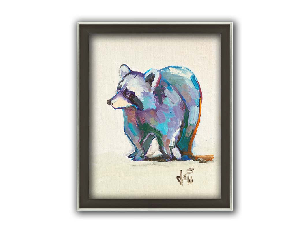 A painting of a colorful raccoon portrait, created with cool hues against a white background. Printed on canvas and framed.