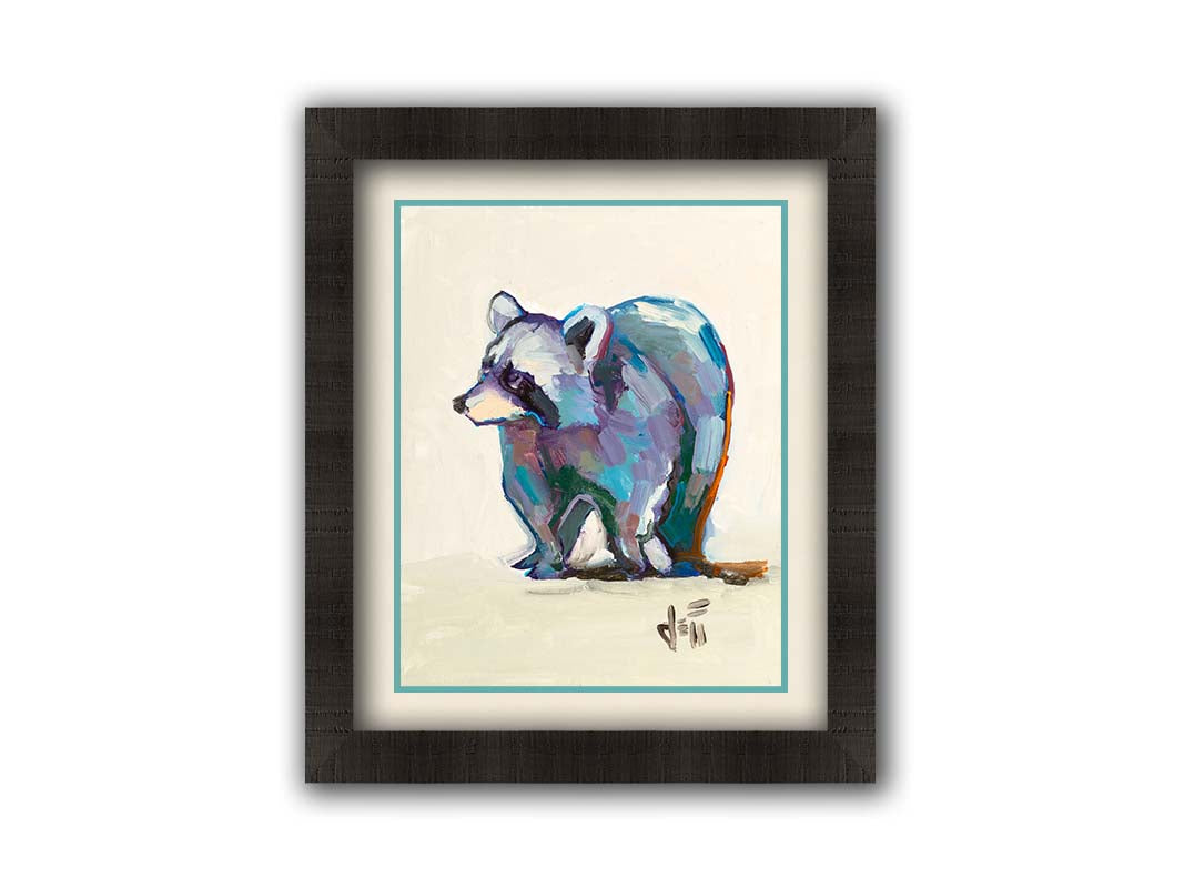 A painting of a colorful raccoon portrait, created with cool hues against a white background. Printed on paper, matted, and framed.