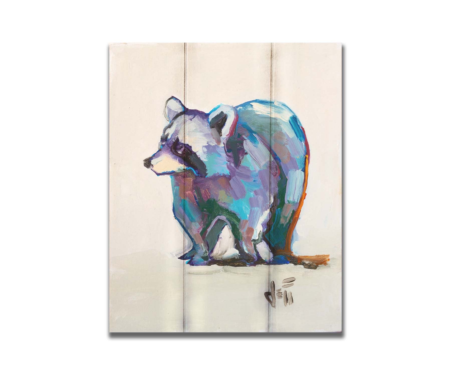 A painting of a colorful raccoon portrait, created with cool hues against a white background. Printed on a box board.