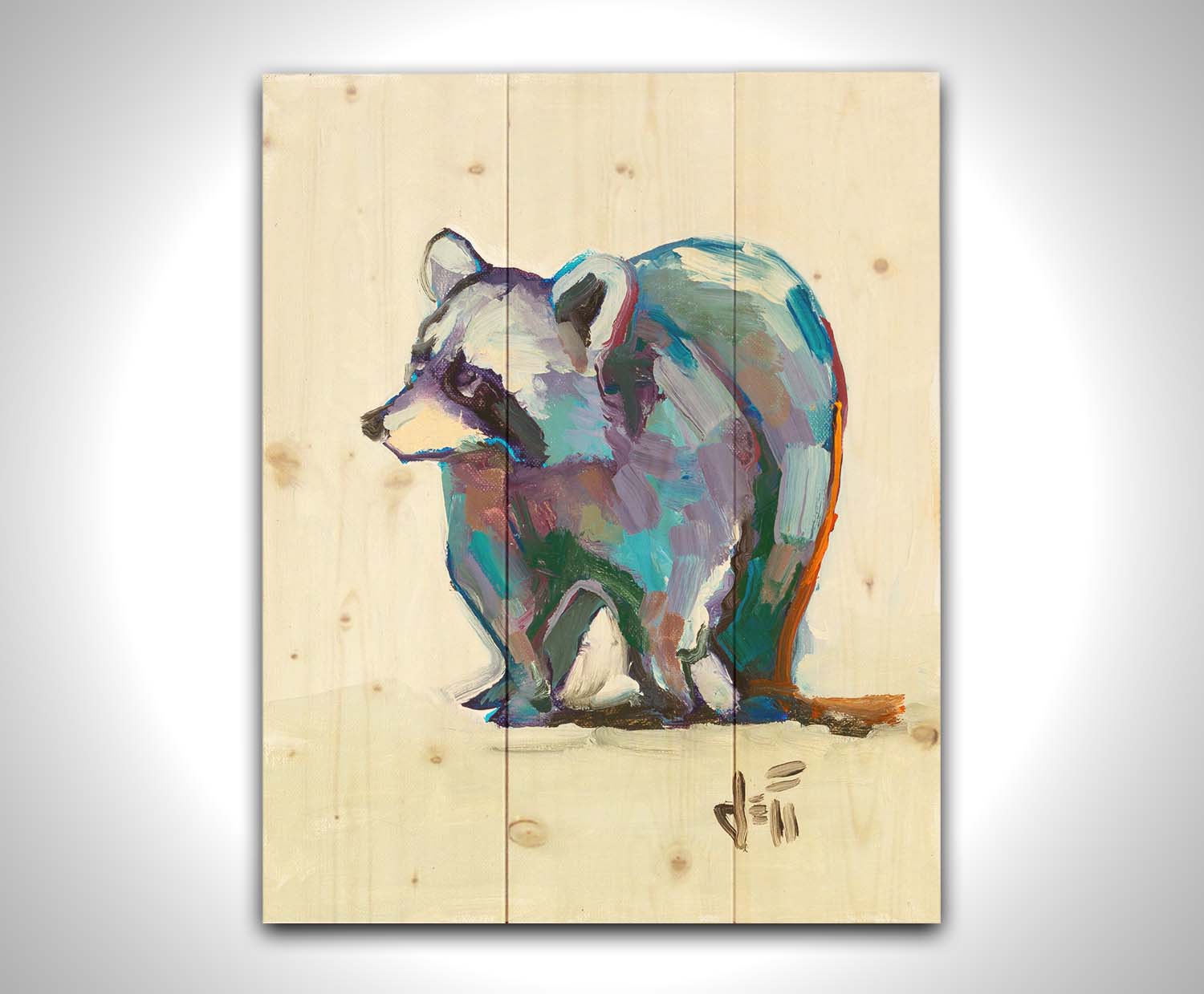 A painting of a colorful raccoon portrait, created with cool hues against a white background. Printed on a wood pallet.