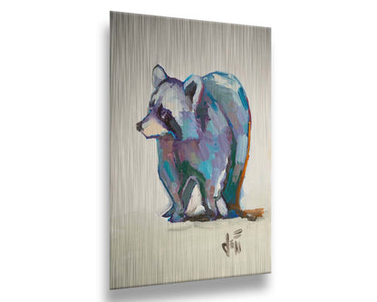 A painting of a colorful raccoon portrait, created with cool hues against a white background. Printed on metal.