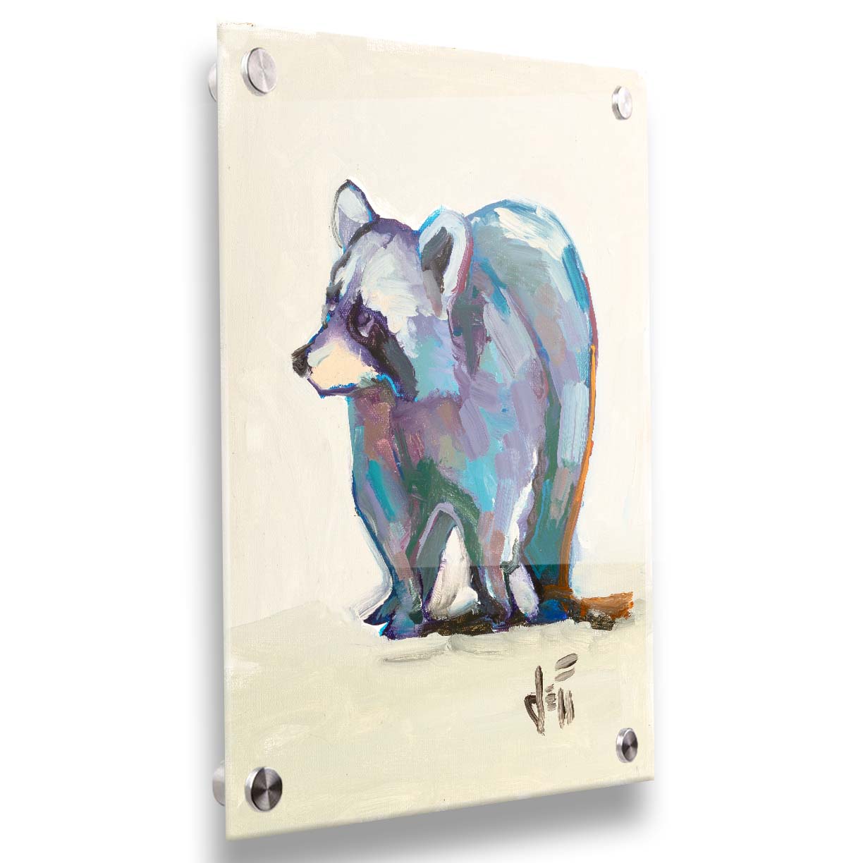 A painting of a colorful raccoon portrait, created with cool hues against a white background. Printed on acrylic.