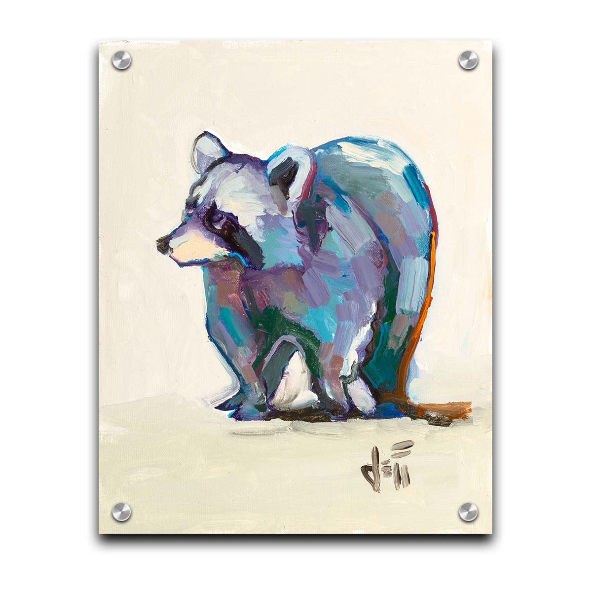 A painting of a colorful raccoon portrait, created with cool hues against a white background. Printed on acrylic.