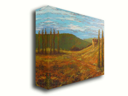 A landscape painting of Tuscany, Italy, in warm green and orange tones. The rolling hills and iconic cypress trees of Italy are set against a cool blue sky. Printed on canvas.