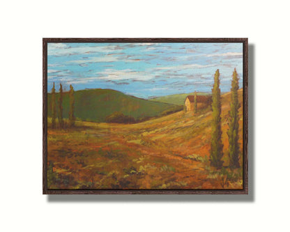 A landscape painting of Tuscany, Italy, in warm green and orange tones. The rolling hills and iconic cypress trees of Italy are set against a cool blue sky. Printed on canvas in a float frame.