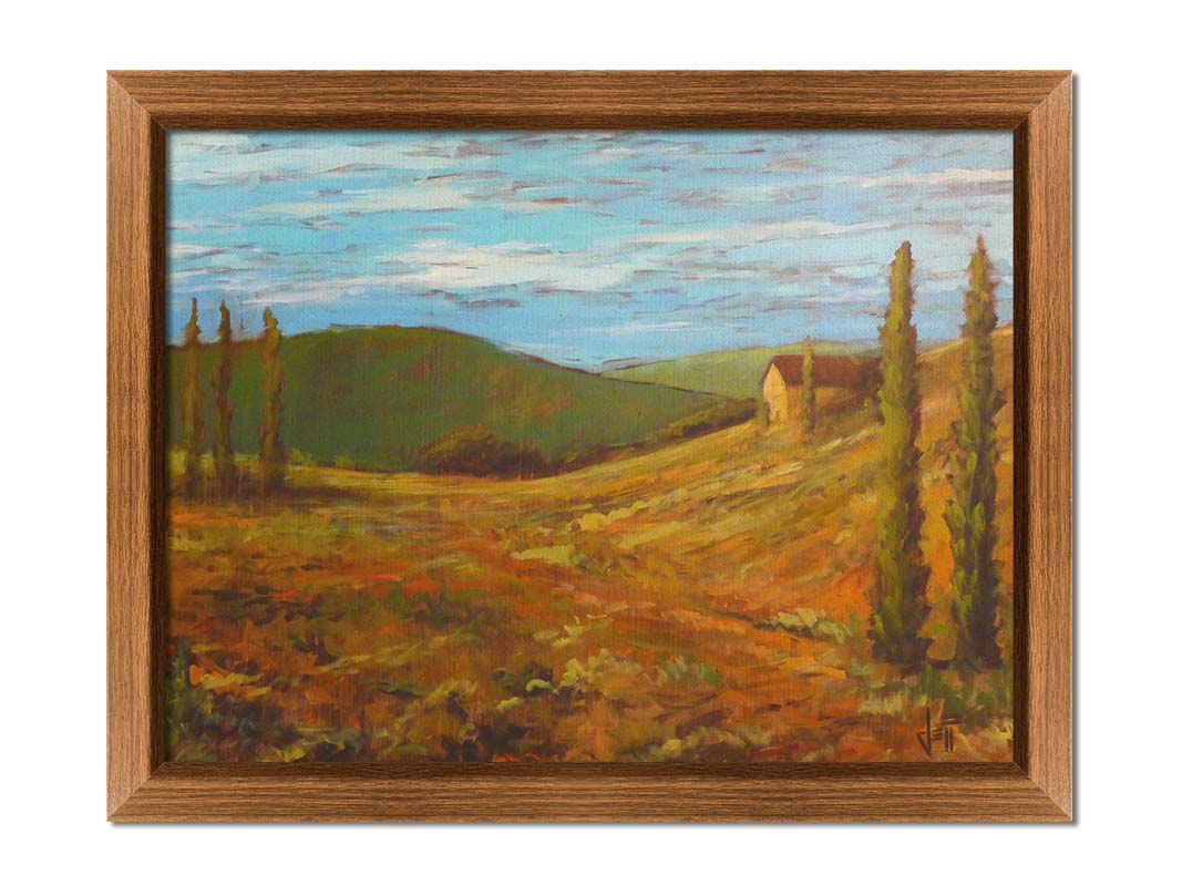 A landscape painting of Tuscany, Italy, in warm green and orange tones. The rolling hills and iconic cypress trees of Italy are set against a cool blue sky. Printed on canvas and framed.